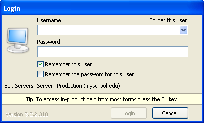 This is the Argos Login screen.  In addition to login and password entries, you must also enter the server name that Argos will communicate with.
